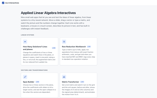 Screenshot of the Applied Linear Algebra Interactives home page
