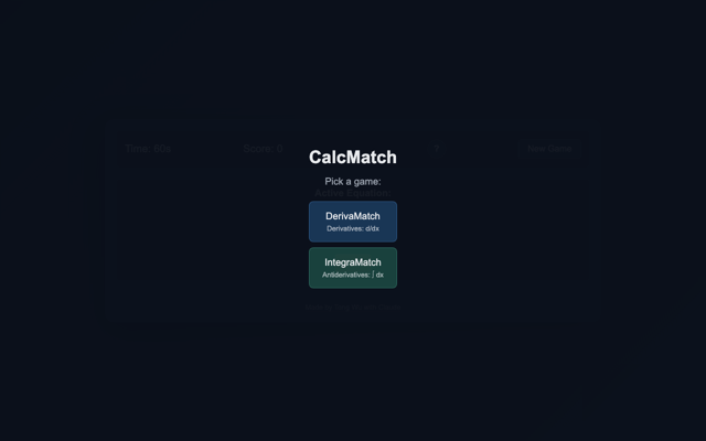 Screenshot of the CalcMatch derivative and antiderivative matching game