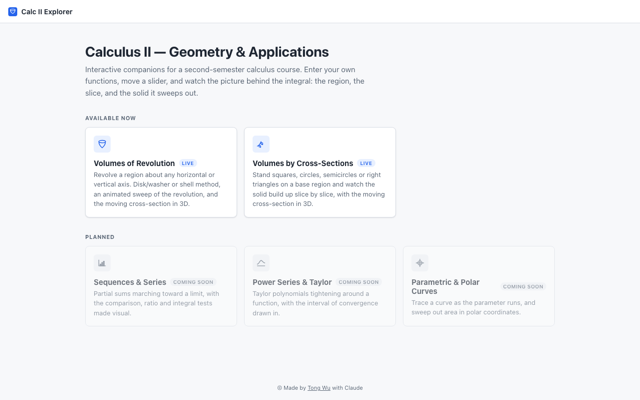 Screenshot of the Calculus II Geometry and Applications app showing a 3D volume of revolution